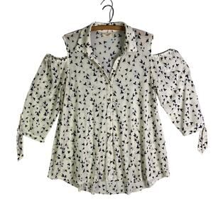 EMBER Sheer Long Sleeve Button Front Bird Pattern Woman’s Blouse Size L